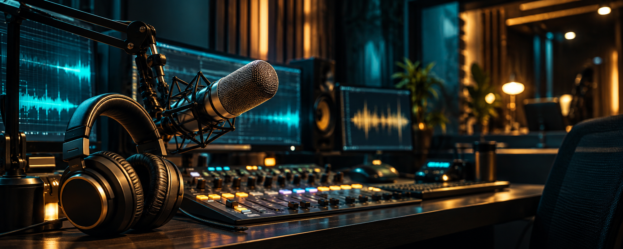 Professional radio studio with microphone, headphones, and audio mixer